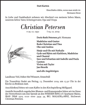 Traueranzeige von Christian Petersen von Flensburger Tageblatt