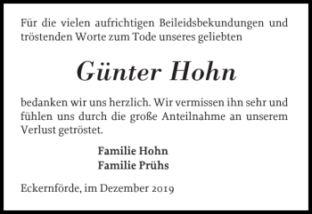 Traueranzeige von Günter Hohn von Eckernförder Zeitung