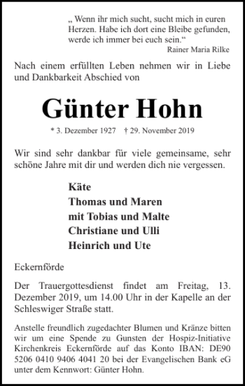 Traueranzeige von Günter Hohn von Eckernförder Zeitung