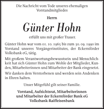 Traueranzeige von Günter Hohn von Eckernförder Zeitung