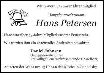 Traueranzeige von Hans Petersen von Schlei-Bote