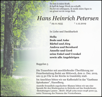Traueranzeige von Hans Heinrich Petersen von Schlei-Bote