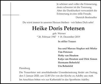 Traueranzeige von Heike Doris Petersen von Flensburger Tageblatt