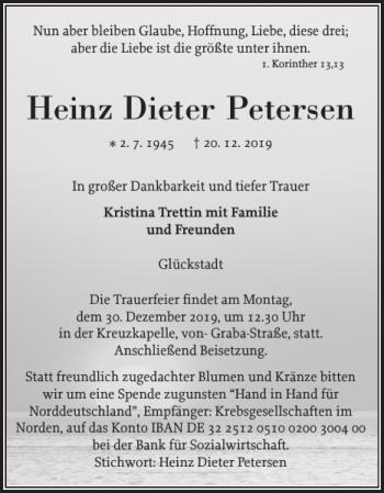 Traueranzeige von Heinz Dieter Petersen von Norddeutsche Rundschau
