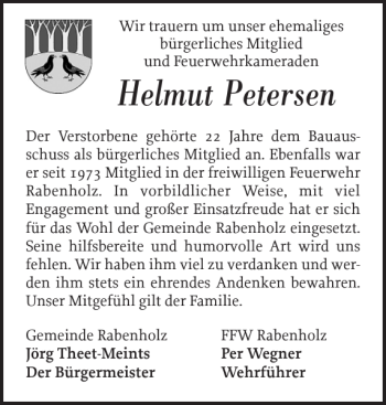 Traueranzeige von Helmut Petersen von Schlei-Bote