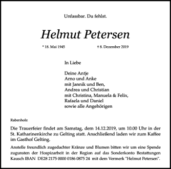 Traueranzeige von Helmut Petersen von Flensburger Tageblatt