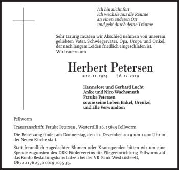 Traueranzeige von Herbert Petersen von Husumer Nachrichten