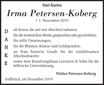 Traueranzeige von Irma Petersen-Koberg von Schleswiger Nachrichten