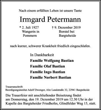 Traueranzeige von Irmgard Petermann von Stormarner Tageblatt