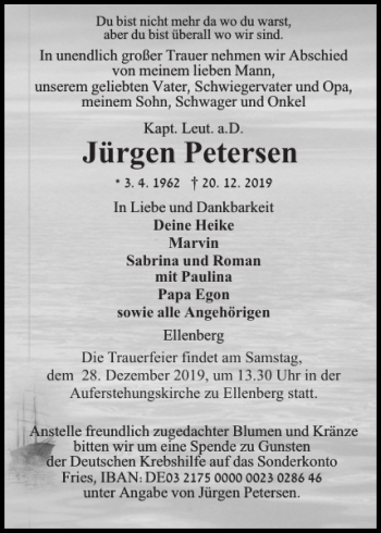 Traueranzeige von Jürgen Petersen von Flensburger Tageblatt
