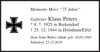 Traueranzeige von Klaus Peters von Schleswiger Nachrichten