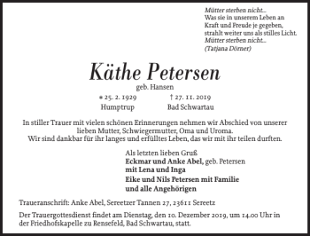 Traueranzeige von Käthe Petersen von Nordfriesland Tageblatt