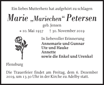 Traueranzeige von Marie Petersen von Flensburger Tageblatt