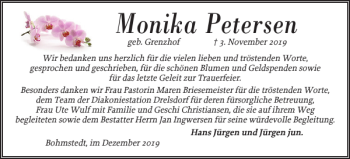 Traueranzeige von Monika Petersen von Husumer Nachrichten