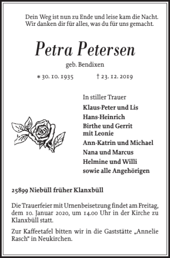 Traueranzeige von Petra Petersen von Nordfriesland Tageblatt