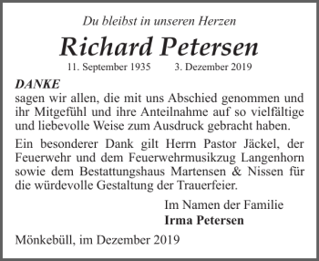 Traueranzeige von Richard Petersen von Husumer Nachrichten