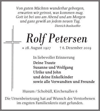 Traueranzeige von Rolf Petersen von Husumer Nachrichten