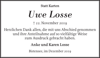 Traueranzeige von Uwe Losse von Eckernförder Zeitung