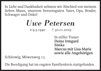 Traueranzeige von Uwe Petersen von Schleswiger Nachrichten
