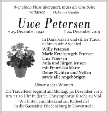 Traueranzeige von Uwe Petersen von Husumer Nachrichten