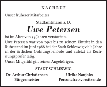 Traueranzeige von Uwe Petersen von Schleswiger Nachrichten
