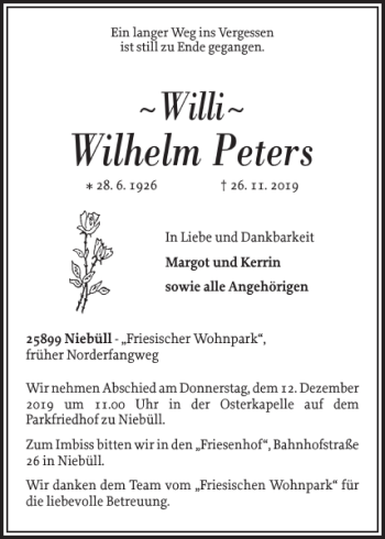 Traueranzeige von Wilhelm Peters von Nordfriesland Tageblatt