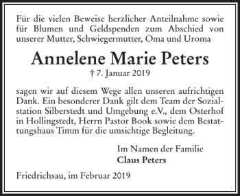 Traueranzeige von Annelene Marie Peters von Schleswiger Nachrichten
