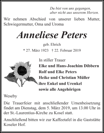Traueranzeige von Anneliese Peters von Eckernförder Zeitung