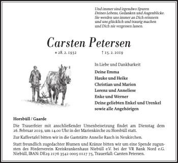 Traueranzeige von Carsten Petersen von Nordfriesland Tageblatt