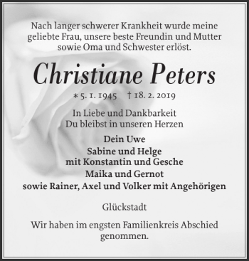 Traueranzeige von Christiane Peters von Norddeutsche Rundschau