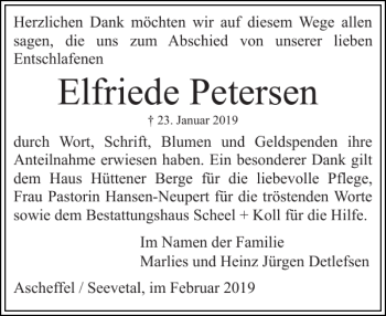 Traueranzeige von Elfriede Petersen von Eckernförder Zeitung