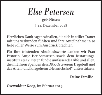 Traueranzeige von Else Petersen von Husumer Nachrichten