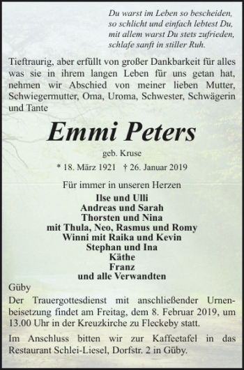 Traueranzeige von Emmi Peters von Eckernförder Zeitung
