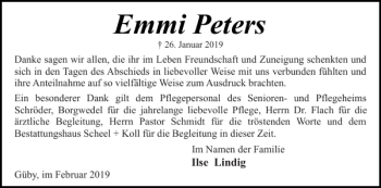 Traueranzeige von Emmi Peters von Eckernförder Zeitung