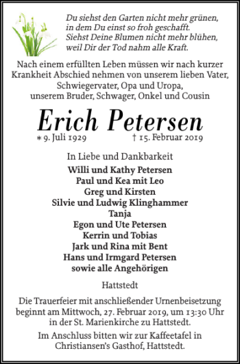 Traueranzeige von Erich Petersen von Husumer Nachrichten