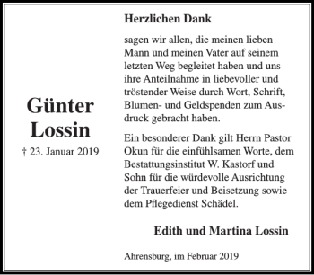 Traueranzeige von Günter Lossin von Stormarner Tageblatt