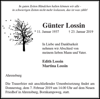 Traueranzeige von Günter Lossin von Stormarner Tageblatt