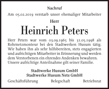 Traueranzeige von Heinrich Peters von Husumer Nachrichten