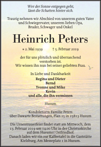 Traueranzeige von Heinrich Peters von Husumer Nachrichten