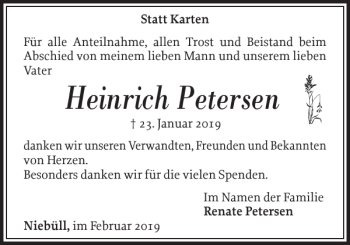Traueranzeige von Heinrich Petersen von Nordfriesland Tageblatt