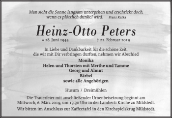 Traueranzeige von Heinz-Otto Peters von Husumer Nachrichten