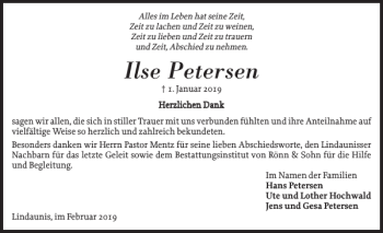 Traueranzeige von Ilse Petersen von Schleswiger Nachrichten