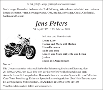 Traueranzeige von Jens Peters von Landeszeitung