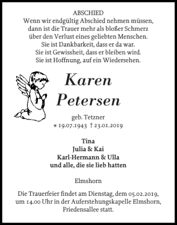 Traueranzeige von Karen Petersen von Elmshorner Nachrichten