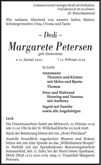 Traueranzeige von Margarete Petersen von Nordfriesland Tageblatt