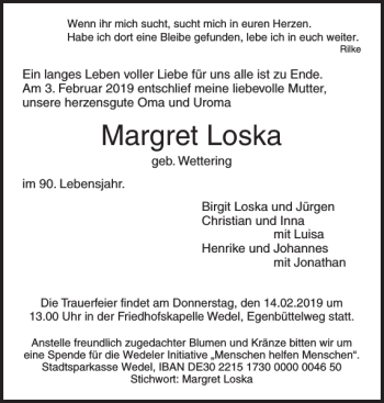 Traueranzeige von Margret Loska von Wedel-Schulauer Tageblatt