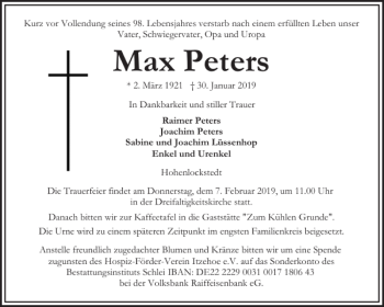 Traueranzeige von Max Peters von Norddeutsche Rundschau