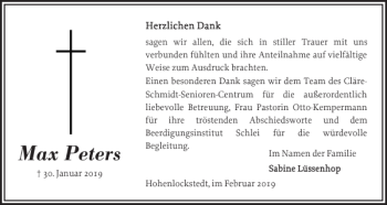 Traueranzeige von Max Peters von Norddeutsche Rundschau