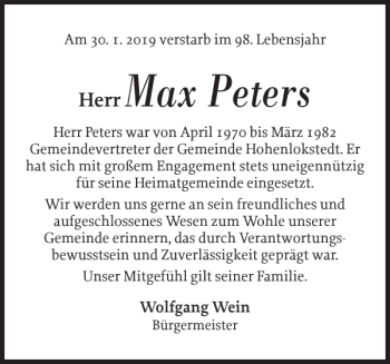 Traueranzeige von Max Peters von Norddeutsche Rundschau
