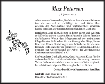 Traueranzeige von Max Petersen von Husumer Nachrichten